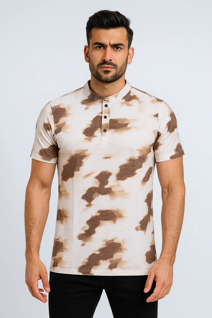 Abstract Brown & Beige Printed Henley T-Shirt