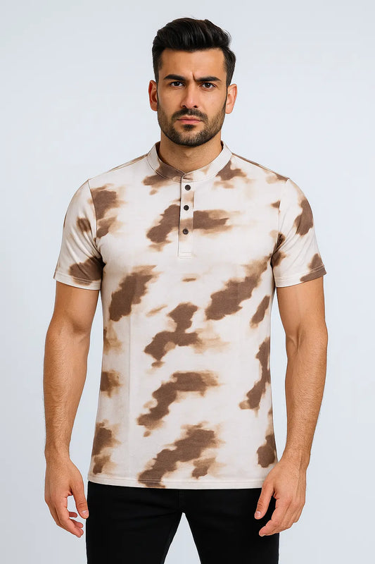 Abstract Brown & Beige Printed Henley T-Shirt